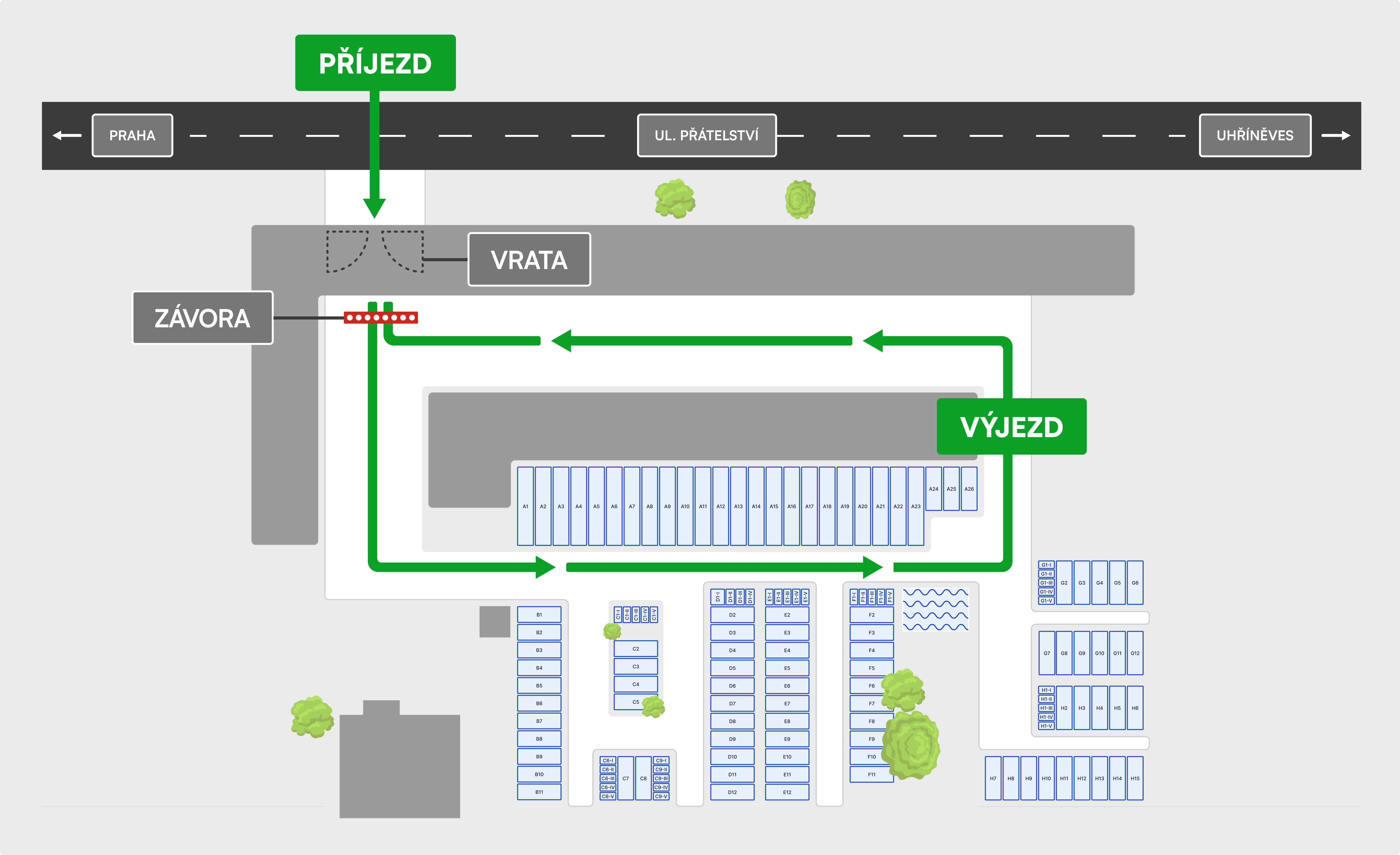 Mapa příjezdu, průjezdu a rozmístění skladů v areálu esklad Uhříněves